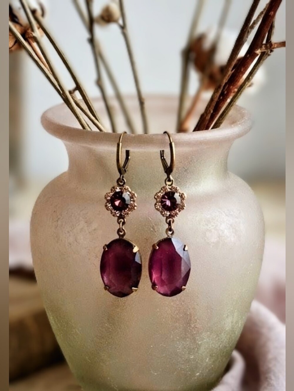 Raisin Burgundy & Purple Flower Swarovski Crystals In Antique Bronze Earrings